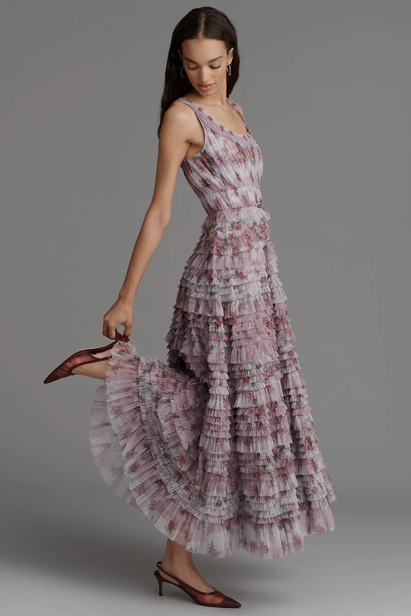 Mac Duggal Sleeveless Tiered Ruffle Floral Midi Dress