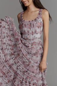 Mac Duggal Sleeveless Tiered Ruffle Floral Midi Dress
