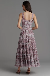 Mac Duggal Sleeveless Tiered Ruffle Floral Midi Dress