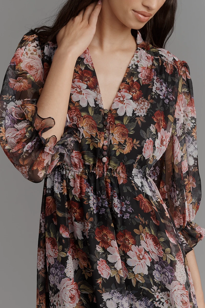 Mac Duggal V-Neck Floral Chiffon Ruffle Midi Dress