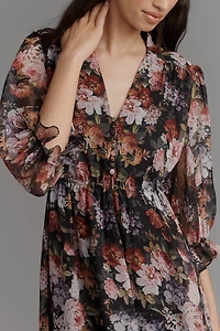 Mac Duggal V-Neck Floral Chiffon Ruffle Midi Dress