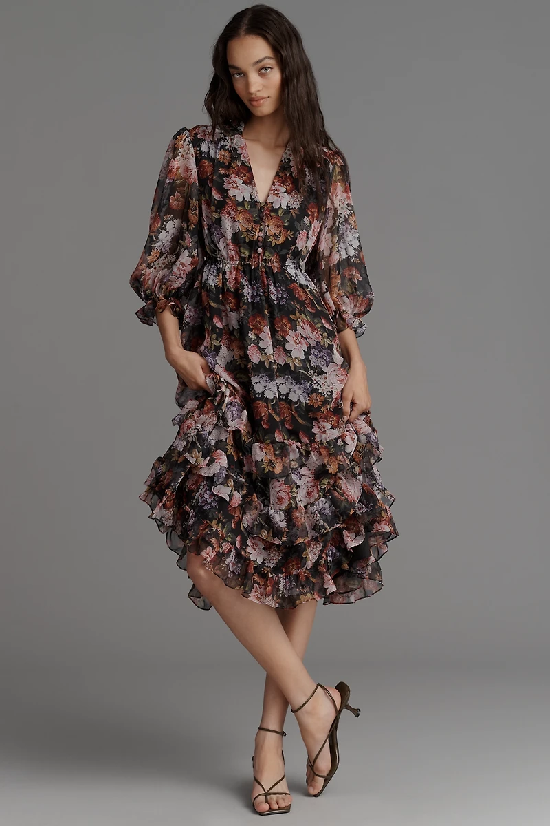 Mac Duggal V-Neck Floral Chiffon Ruffle Midi Dress