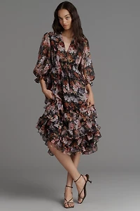 Mac Duggal V-Neck Floral Chiffon Ruffle Midi Dress