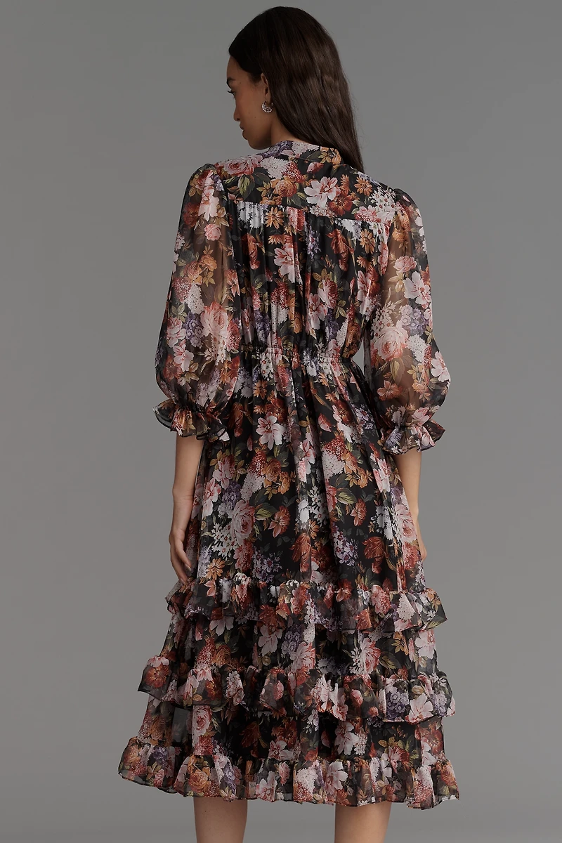 Mac Duggal V-Neck Floral Chiffon Ruffle Midi Dress