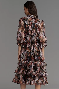 Mac Duggal V-Neck Floral Chiffon Ruffle Midi Dress