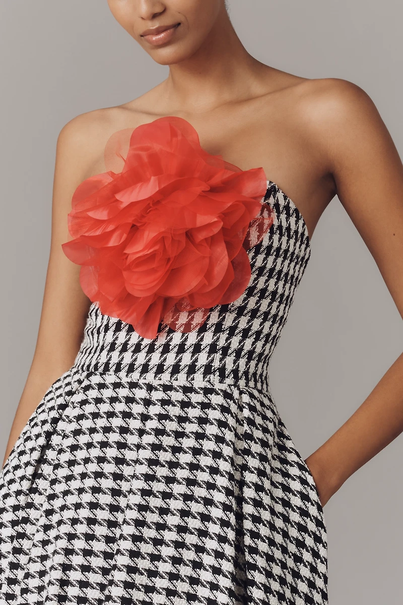 Mac Duggal Strapless 3D Flower Bouclé A-Line Midi Dress