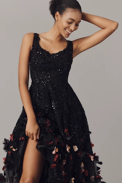 Mag Duggal Sequin Floral Appliqué Midi Dress