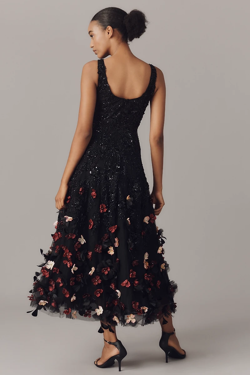 Mag Duggal Sequin Floral Appliqué Midi Dress
