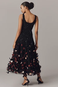 Mag Duggal Sequin Floral Appliqué Midi Dress