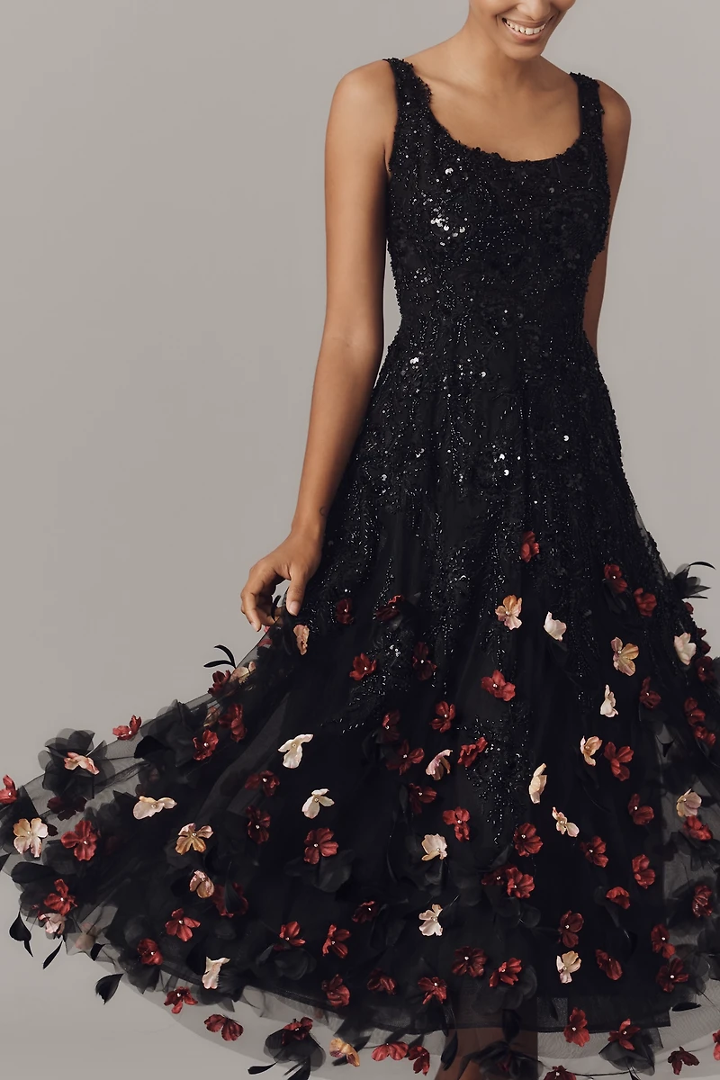 Mag Duggal Sequin Floral Appliqué Midi Dress