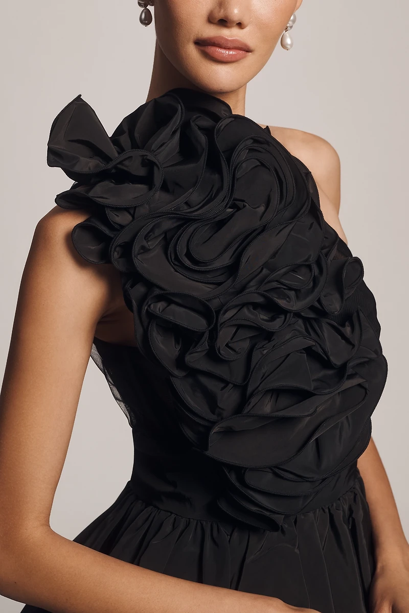 Mac Duggal One-Shoulder Rosette A-Line Mini Dress