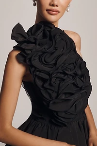 Mac Duggal One-Shoulder Rosette A-Line Mini Dress