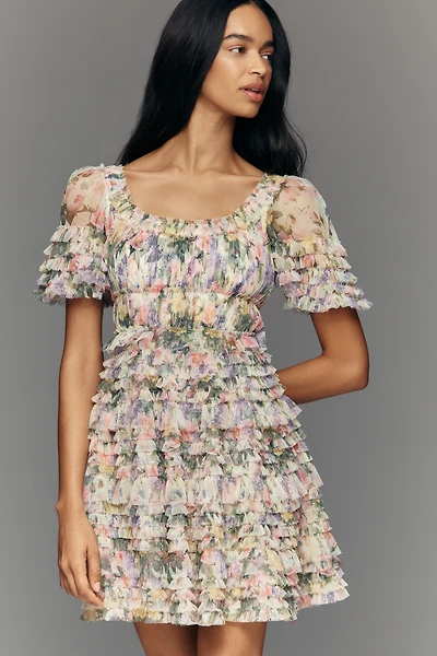 Mac Duggal Ruffle Short-Sleeve Mesh Mini Dress