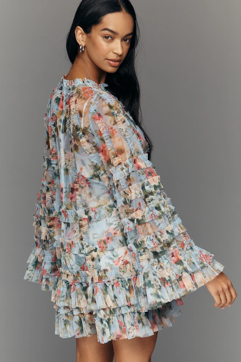 Mac Duggal Ruffle Bell-Sleeve Mesh Mini Dress