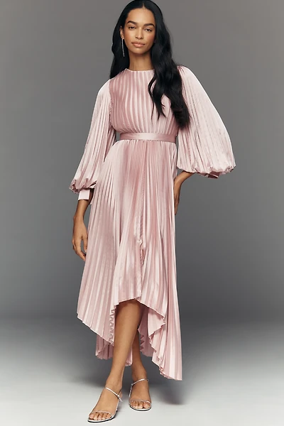 Mac Duggal Pleated Charmeuse Long-Sleeve Midi Dress