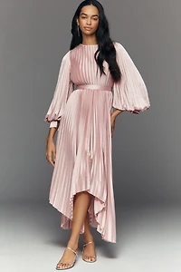 Mac Duggal Pleated Charmeuse Long-Sleeve Midi Dress