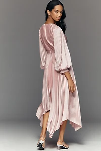 Mac Duggal Pleated Charmeuse Long-Sleeve Midi Dress