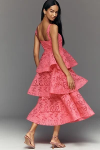 Mac Duggal Leena Tiered Lace Square-Neck Midi Dress