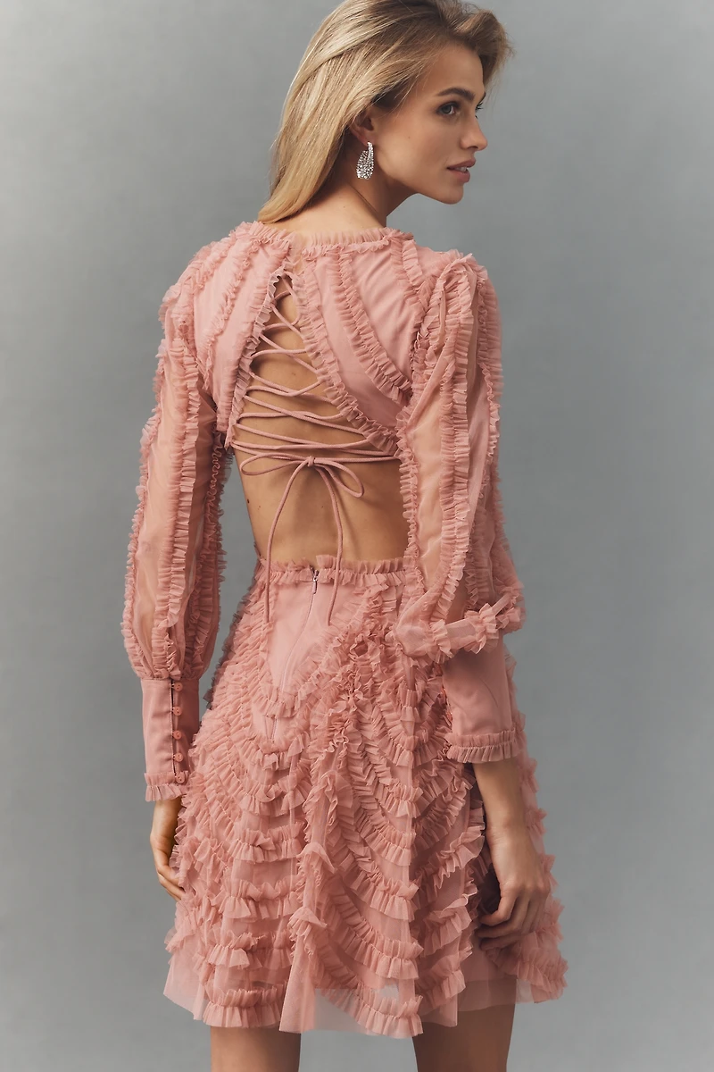 Mac Duggal Long-Sleeve Ruffle Mini Dress