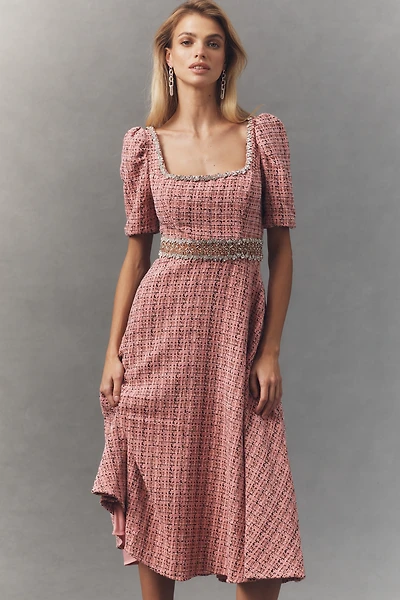 Ieena for Mac Duggal Tweed Square-Neck Midi Dress