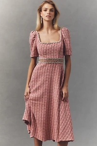 Ieena for Mac Duggal Tweed Square-Neck Midi Dress