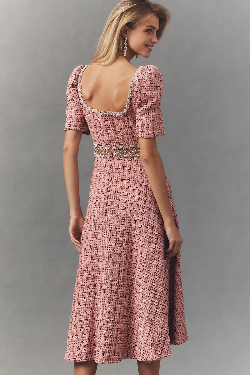 Ieena for Mac Duggal Tweed Square-Neck Midi Dress