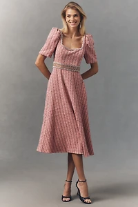 Ieena for Mac Duggal Tweed Square-Neck Midi Dress