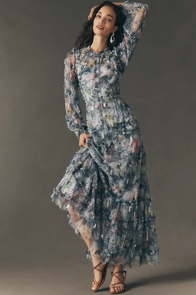 Mac Duggal Long-Sleeve Ruffle Maxi Dress