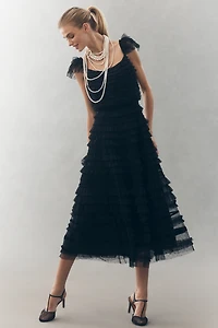 Mac Duggal Sleeveless Tulle Ruffle Midi Dress