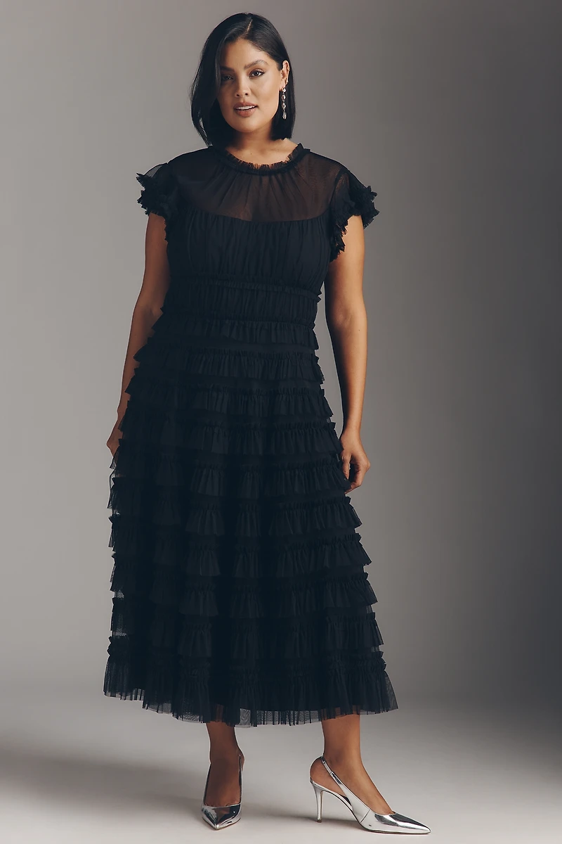 Mac Duggal Ruffled Short-Sleeve Midi Dress