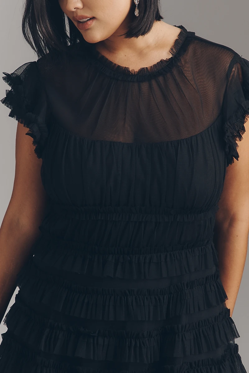 Mac Duggal Ruffled Short-Sleeve Midi Dress