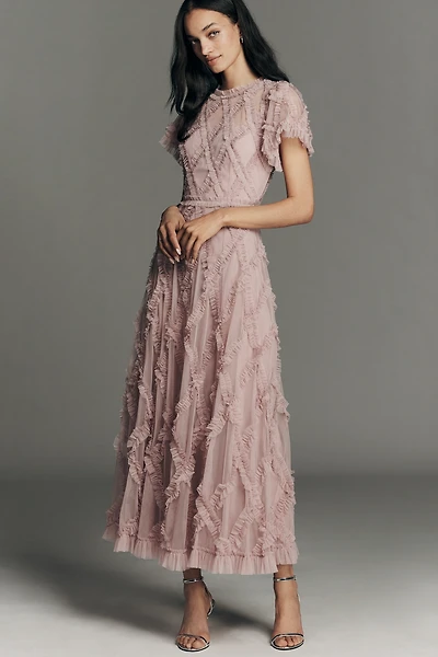 Mac Duggal Short-Sleeve Crosshatch Maxi Dress