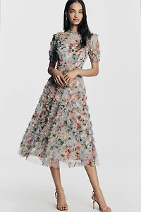 Mac Duggal Short-Sleeve A-Line Midi Dress