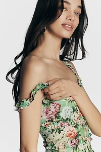 Mac Duggal Floral Square-Neck Ruffle Cotton Midi Dress