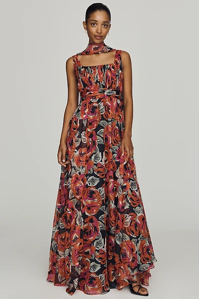 Mac Duggal Square-Neck Scarf Maxi Dress
