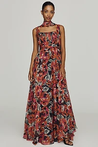Mac Duggal Square-Neck Scarf Maxi Dress
