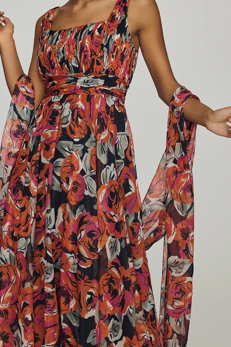 Mac Duggal Square-Neck Scarf Maxi Dress