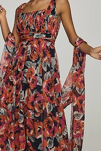 Mac Duggal Square-Neck Scarf Maxi Dress
