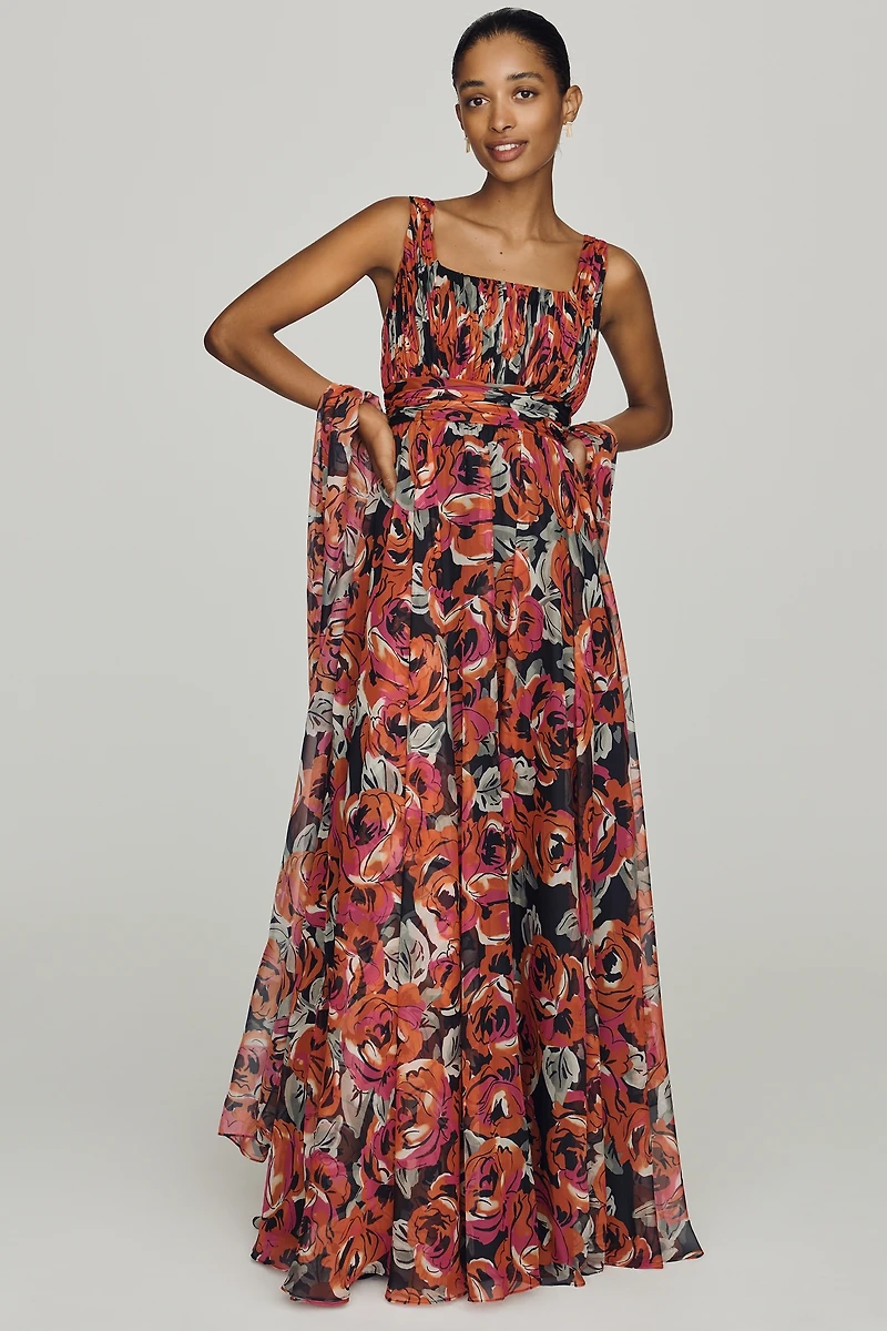 Mac Duggal Square-Neck Scarf Maxi Dress