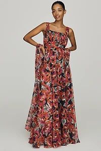 Mac Duggal Square-Neck Scarf Maxi Dress