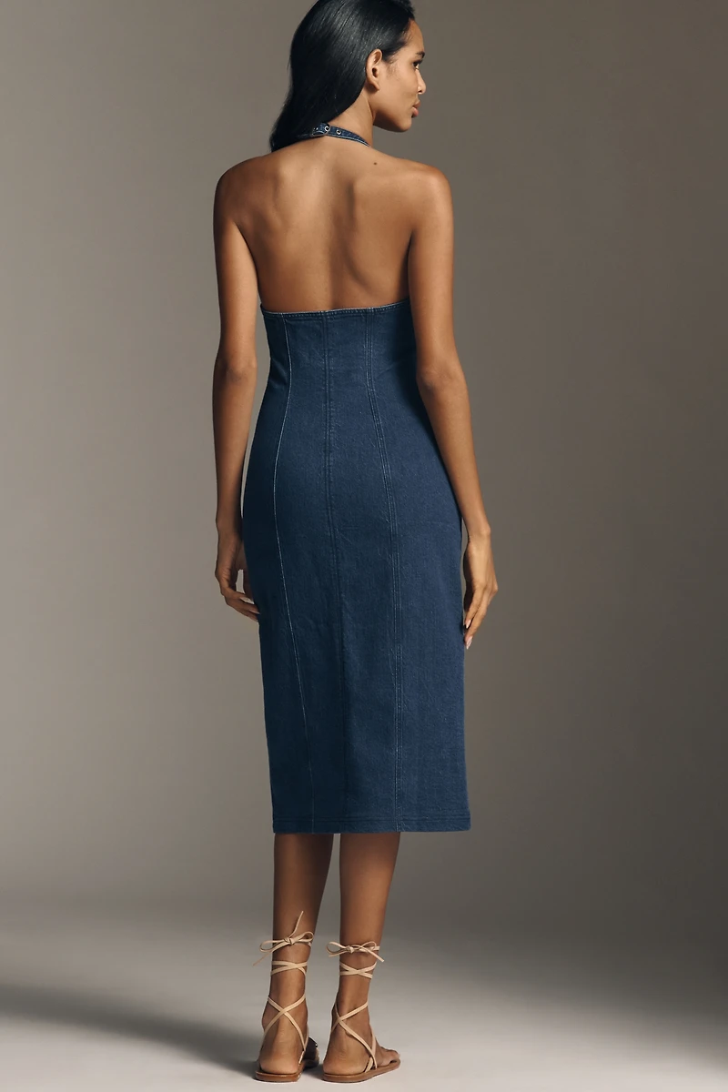 Pilcro Zip-Front Denim Halter Midi Dress