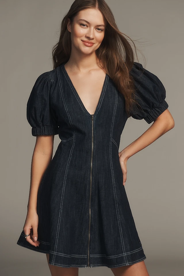 the jeannie short-sleeve denim a-line mini dress by maeve Maeve The Jeannie Short-Sleeve Denim A-Line Mini Dress by Maeve
