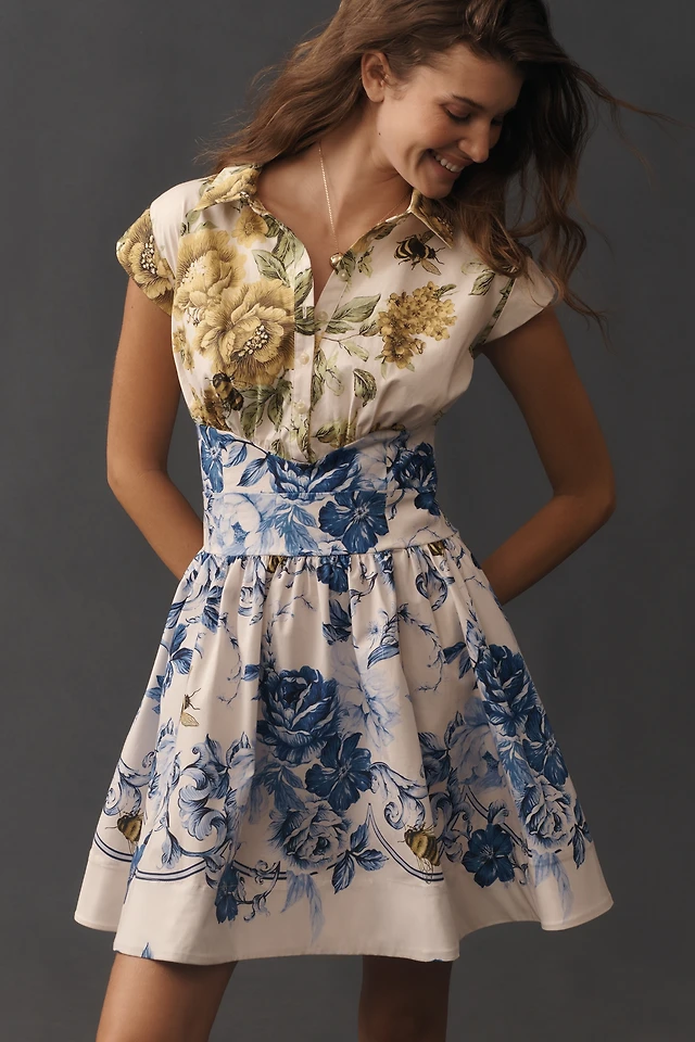 the tommie denim eyelet trim dress The Tommie Cap-Sleeve Smocked Front-Zip Shirt Dres