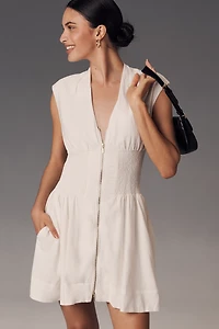 The Tommie Cap-Sleeve Smocked Front-Zip Shirt Dress: Linen Mini Edition