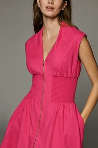 The Tommie Cap-Sleeve Linen Smocked Front-Zip Mini Shirt Dress