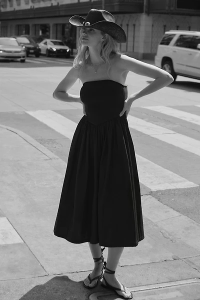 By Anthropologie Strapless Basque-Waist A-Line Midi Dress