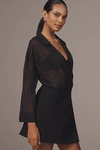 Maeve Long-Sleeve V-Neck Sheer Twofer Mini Dress