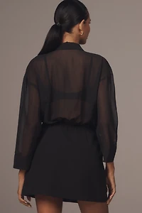 Maeve Long-Sleeve V-Neck Sheer Twofer Mini Dress