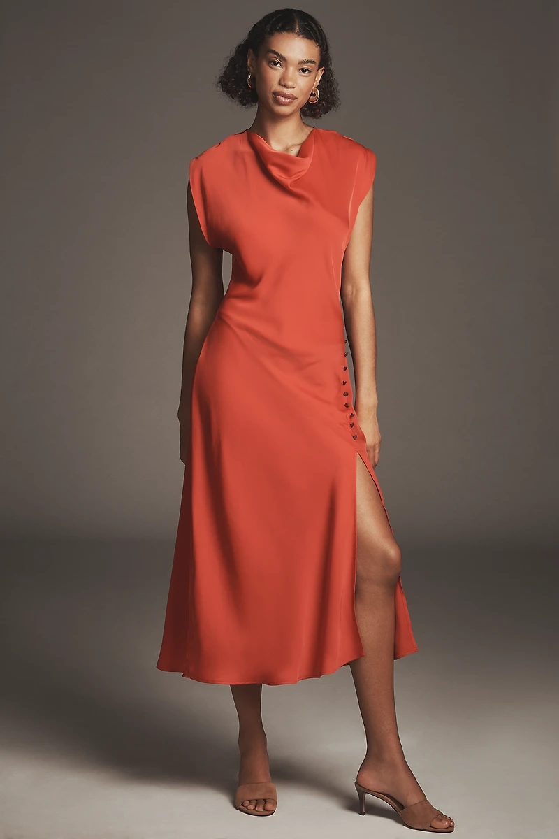 Maeve Short-Sleeve Cowl-Neck Slip Midi Dress