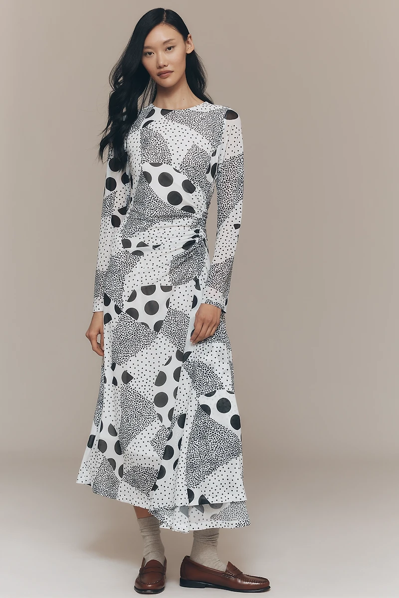 By Anthropologie Long-Sleeve Ruched Mesh Midi Dress